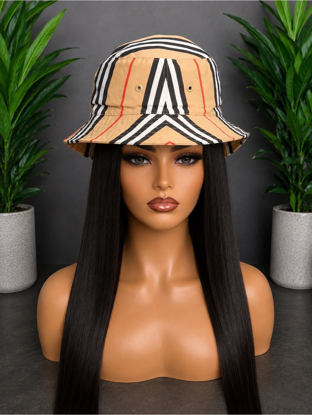 Burberry Tan Black White Striped Bucket Hat